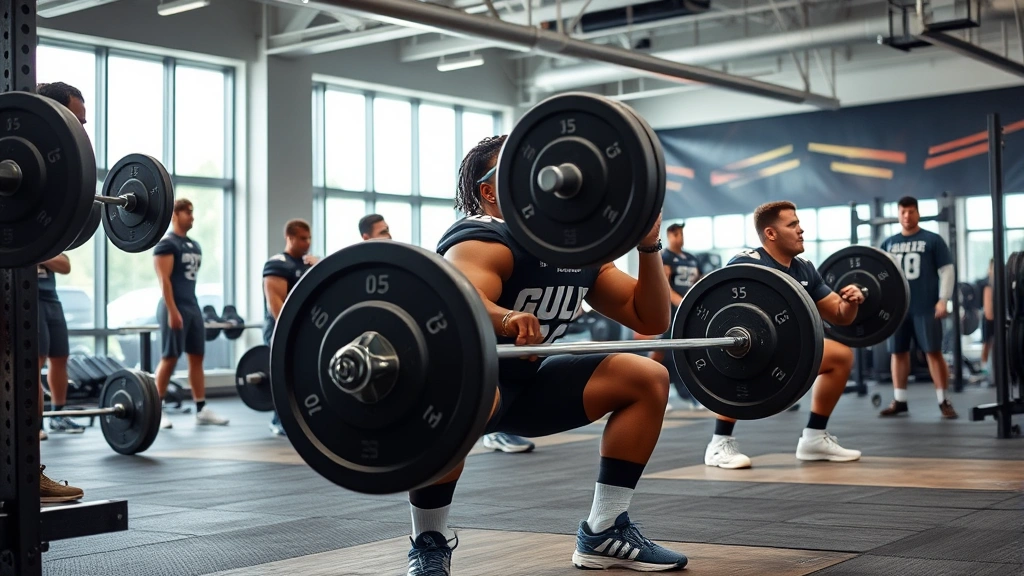 College football players performing heavy barbell squats in modern weight room with Olympic plates, intense focus, multiple athletes demonstrating proper form with coaches observing, professional athletic facility setting, natural lighting from large windows.