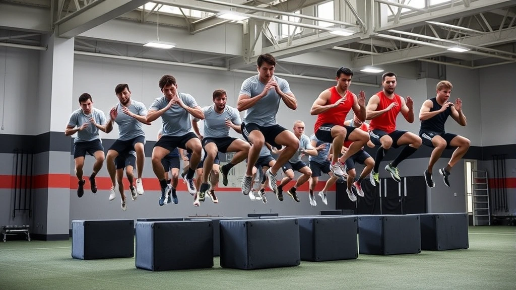 Team of football players performing plyometric box jump training in synchronized progression, athletes at different jump heights, explosive power movement, modern training facility, multiple athletes demonstrating athletic development, bright professional gymnasium setting.