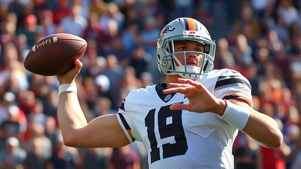Professional football quarterback throwing pass during intense college game, sweat visible, focused expression, stadium crowd blurred background, afternoon lighting, athletic form captured mid-release