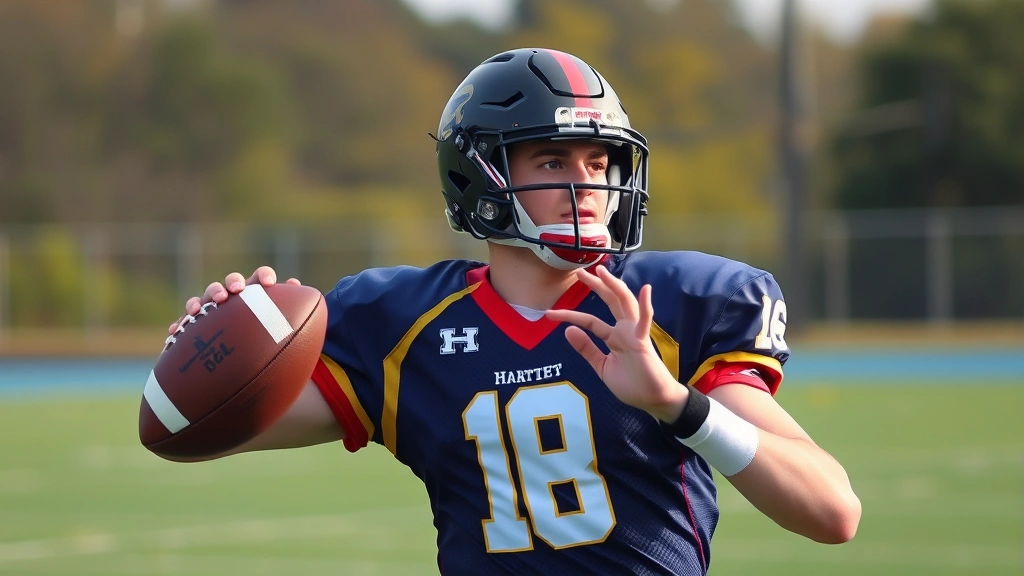 High school football quarterback in uniform executing perfect throwing mechanics during practice, focused expression, professional lighting, natural field background, photorealistic action shot