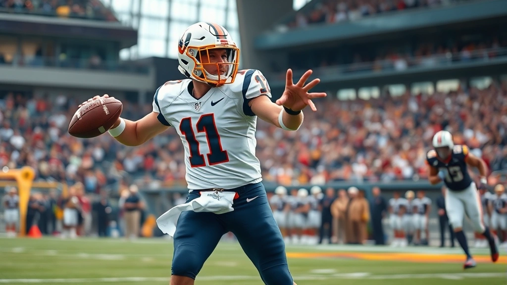 Athletic college football quarterback throwing downfield during competitive game, stadium crowd visible, professional sports photography