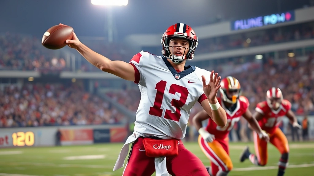 Dynamic college football quarterback throwing pass downfield with receivers running routes, stadium lights illuminating action, intense competitive moment captured mid-throw