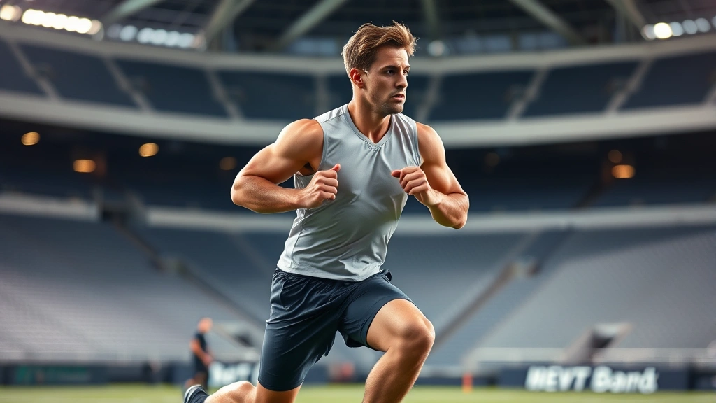Athletic football player in mid-sprint during practice, muscles tensed, showing explosive lower body power and determination, bright stadium lighting, professional training environment
