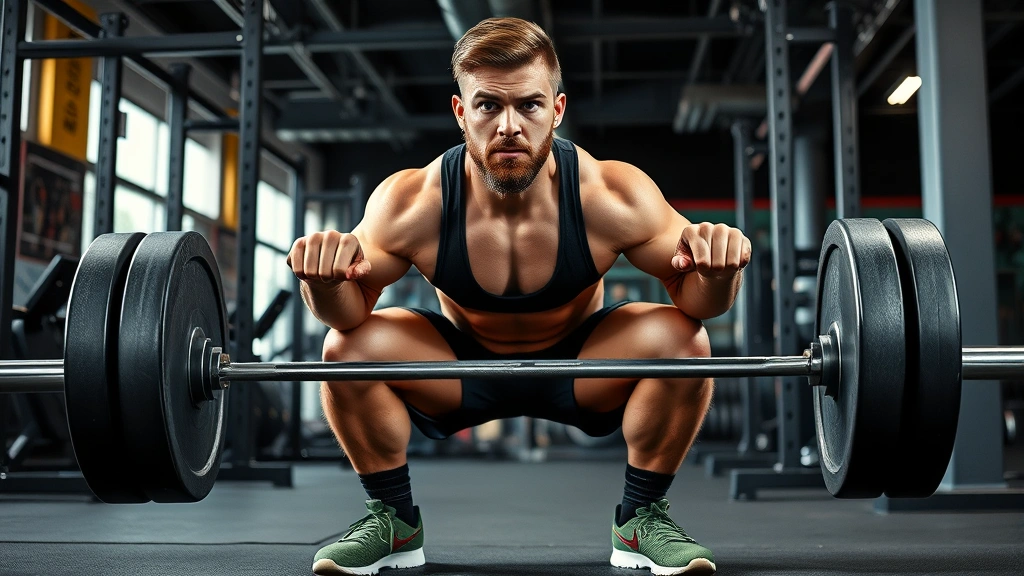 Athletic male football player performing heavy barbell squat in professional strength training facility with proper form, intense expression, realistic gym environment
