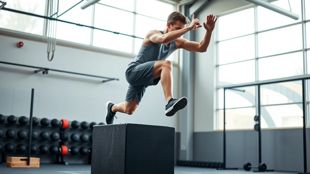 Young male athlete executing explosive box jump with full body extension, demonstrating power development in modern athletic training facility with natural lighting