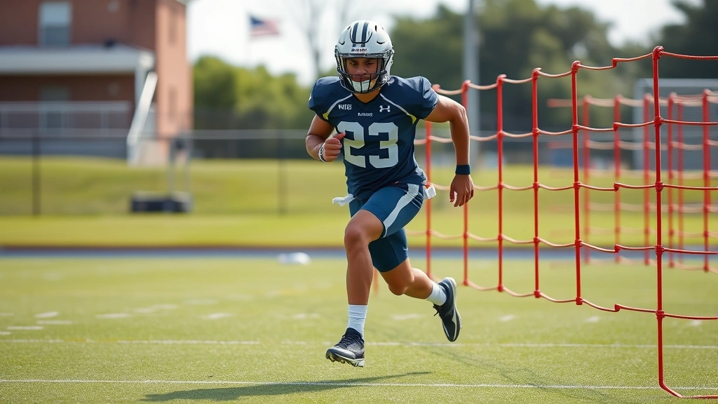Collegiate football player sprinting through agility ladder drill on outdoor practice field during daytime conditioning session, showing footwork precision and athletic movement