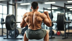 Athletic male football player performing heavy barbell back squat in modern strength training facility, full depth position with proper form, focused intensity