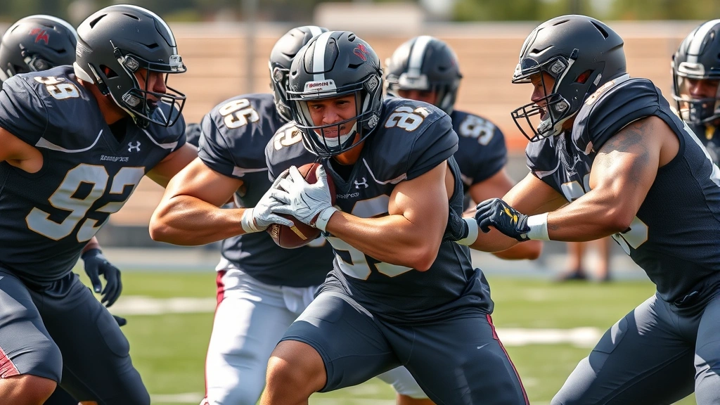 Muscular college football players executing a defensive play during intense practice session, sweat visible, focused expressions, outdoor field with natural lighting