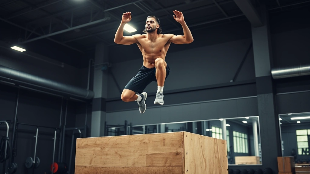 Explosive plyometric training: athlete performing high box jump in professional gym setting, maximum height mid-jump, athletic physique