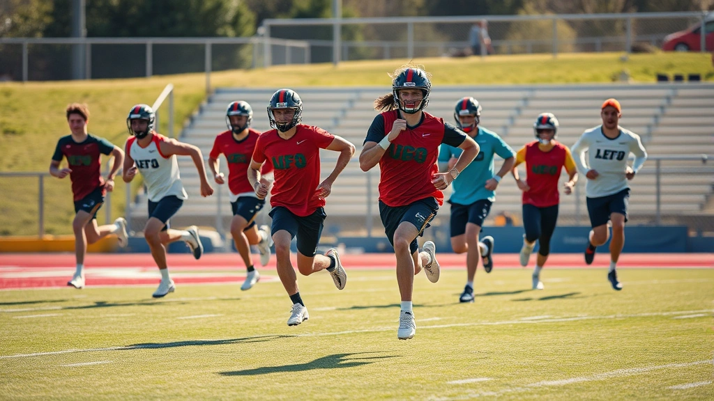 Collegiate athletes sprinting at full speed on outdoor football field during conditioning session, dynamic motion, morning sunlight, competitive intensity