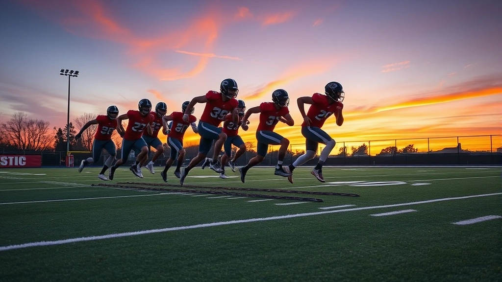 Football players executing agility ladder drill on field at sunset, rapid foot movement through ladder, multiple athletes demonstrating technique