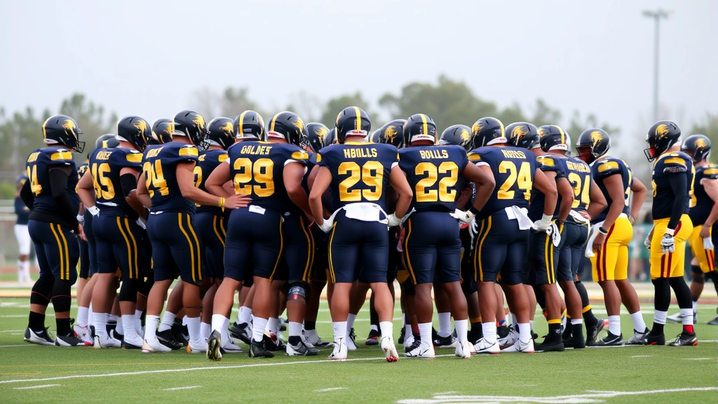 Motivated football team huddled together on field showing unity and camaraderie, with players in Golden Bulls colors engaged in pre-game or team-building moment