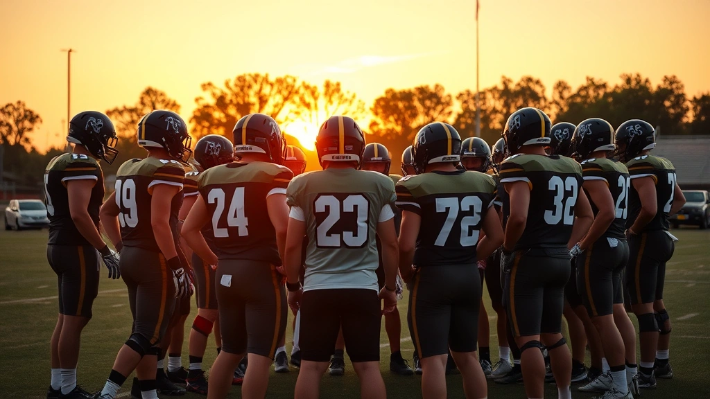 Football team gathered in huddle formation at sunset, coaches instructing players with passion, motivational team building moment, natural golden hour lighting