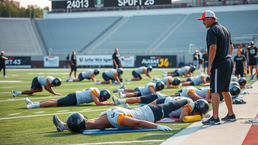 Football team performing recovery and mobility work, stretching and foam rolling on sideline, professional athletic trainer supervising, afternoon stadium setting