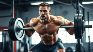 Athletic male football player performing a heavy barbell back squat with perfect form in a professional strength training facility, intense focused expression, sweat visible, dynamic lighting emphasizing muscle engagement