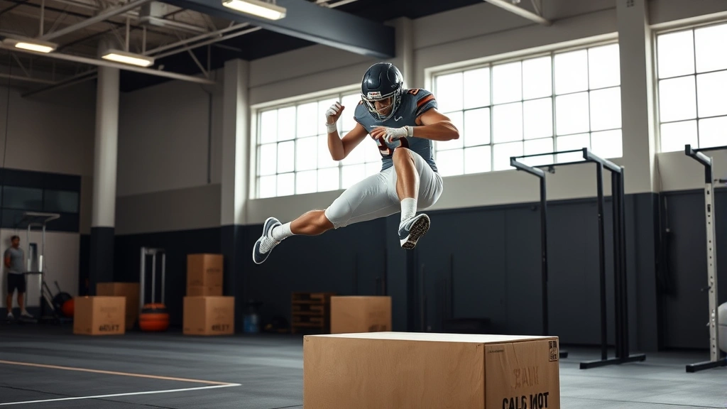 College football athlete executing an explosive box jump in a modern gym, maximum height mid-jump, powerful leg extension, athletic physique, bright gym environment with equipment visible in background