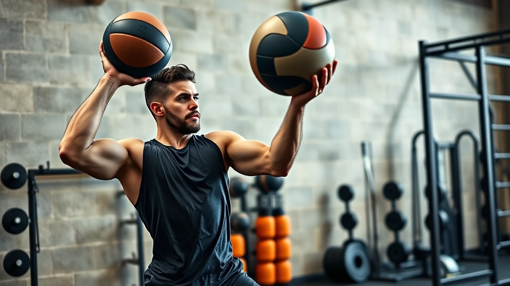Male strength athlete performing medicine ball rotational throws against a wall in training facility, dynamic explosive movement, athletic build, professional gym setting with training equipment surrounding