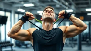 Professional football player performing neck strengthening exercises with resistance bands, wearing athletic gear in modern gym setting, focused on cervical spine conditioning