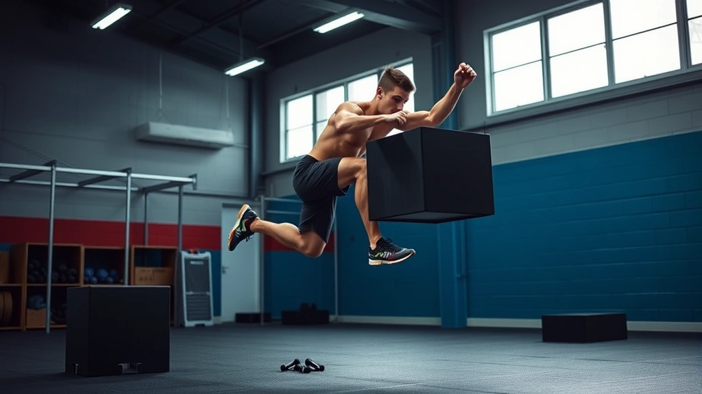 Athlete executing explosive box jump with proper form in well-lit training facility, demonstrating power development with controlled landing mechanics