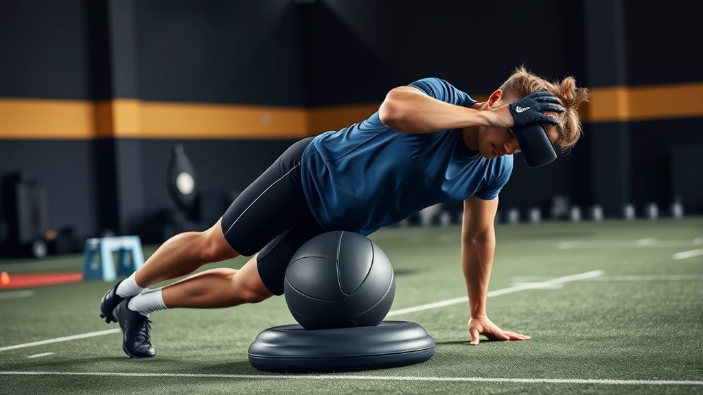 Football player performing core stability work on unstable surface with medicine ball, showing advanced balance training in professional training environment