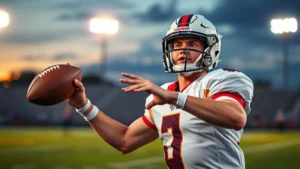 High school football quarterback throwing football during evening stadium game with field lights illuminated, focused intense expression, athletic form