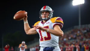 Athletic high school football quarterback throwing a perfect spiral pass during Friday night game under stadium lights, intense focus and form