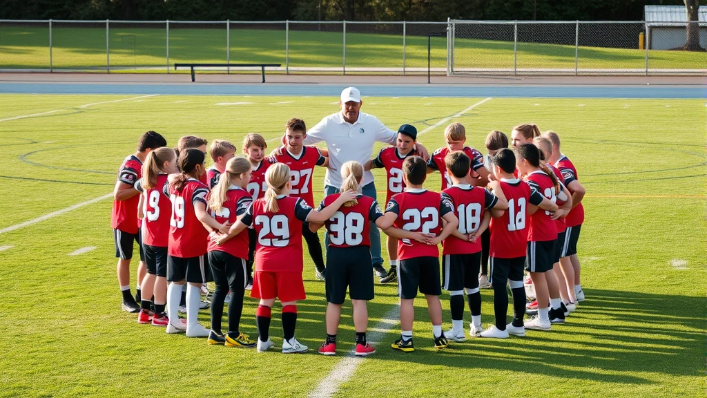 Youth football team huddle in circle on field, players with arms together, coach gesturing instruction, determination and teamwork visible