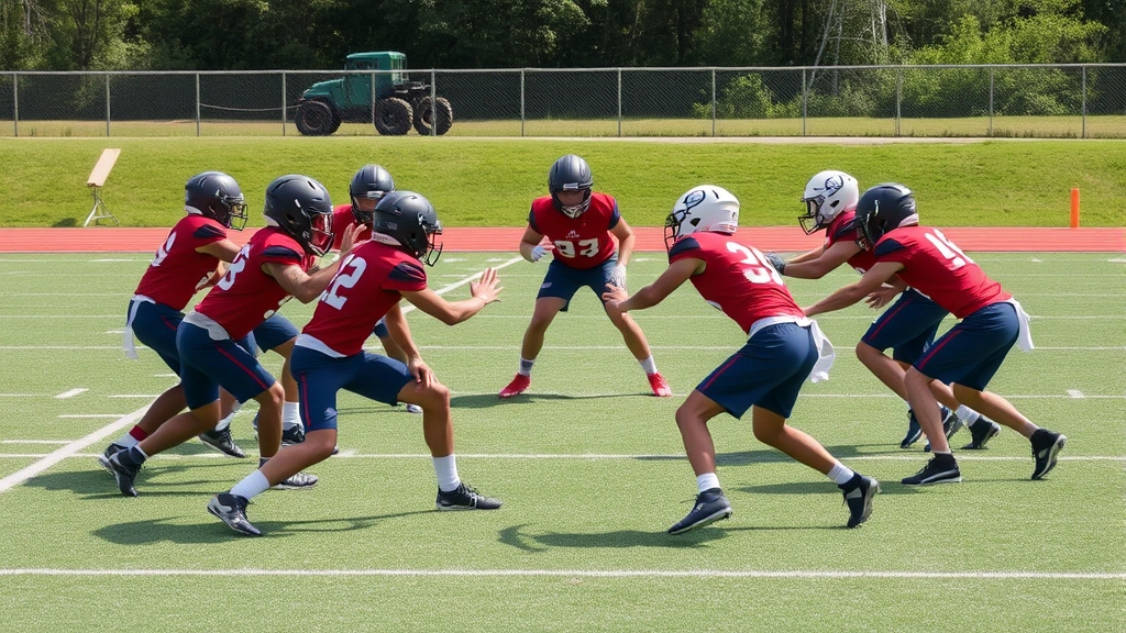 Team of young football players executing defensive drill in organized formation on practice field, demonstrating gap integrity and pursuit angles