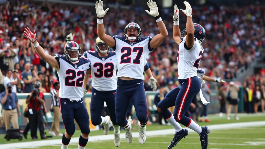 Football players celebrating after successful touchdown play, jumping with arms raised, stadium crowd in background, genuine joy and victory emotion