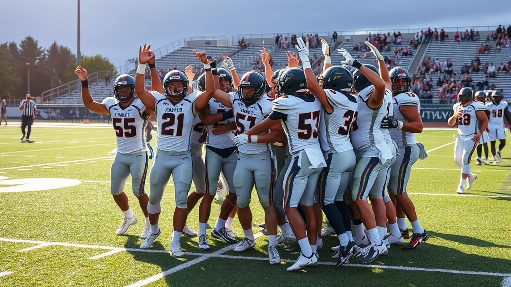 Championship-caliber high school football team celebrating on field after victory, showing emotional intensity, teamwork and athletic achievement celebration