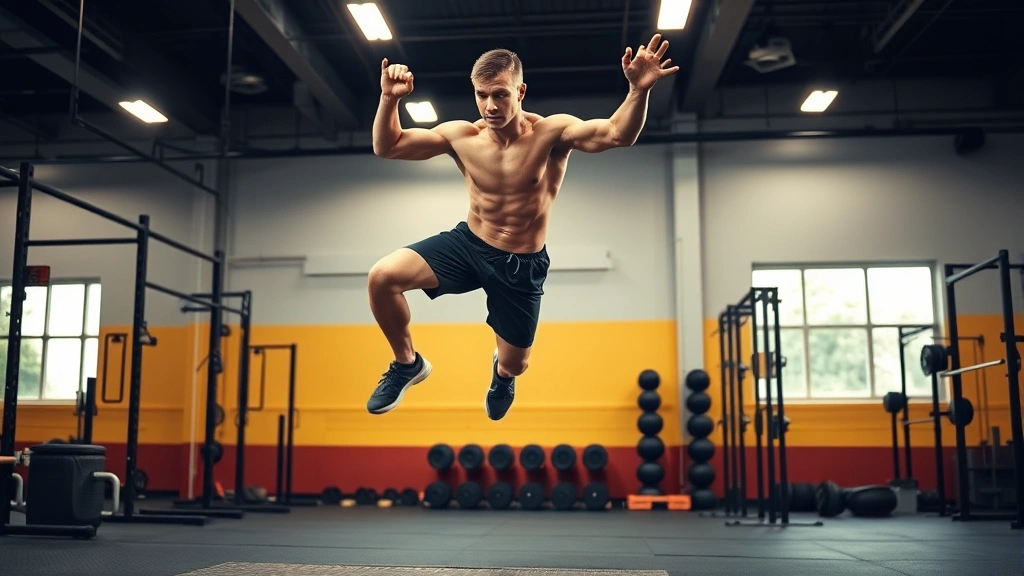 Athletic male performing explosive box jump in sports training facility, dynamic movement captured mid-leap, powerful leg drive, professional conditioning environment, athletic performance focus