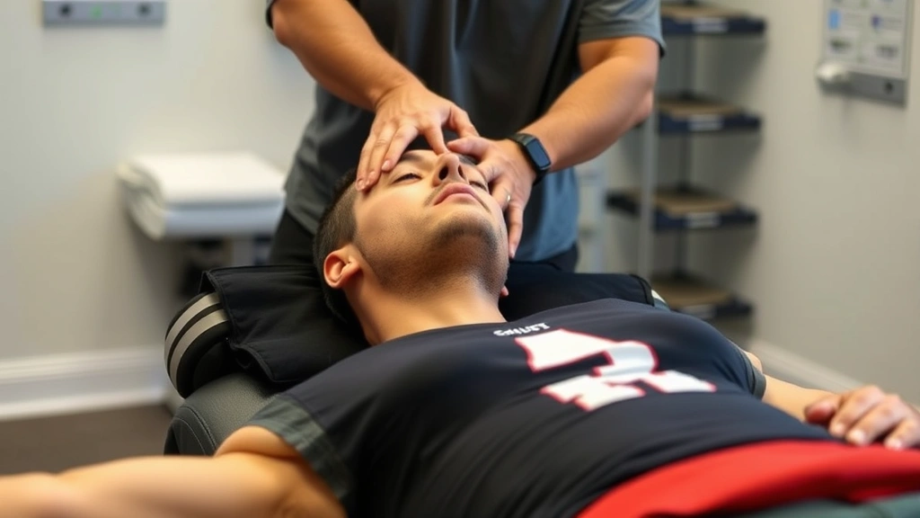 College football athlete in recovery session receiving soft tissue massage from professional trainer, relaxation and regeneration focus, clinical sports medicine setting, recovery protocols