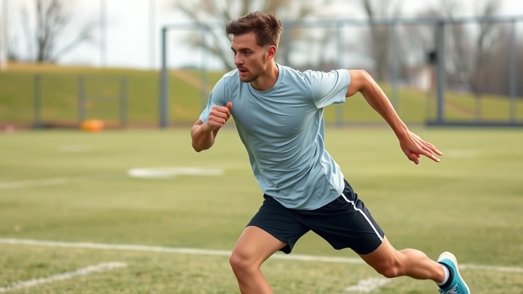 Athletic footballer performing explosive sprint training on grass field, maximum effort running motion, professional sports training environment