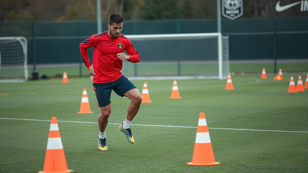 Professional footballer performing high-intensity interval training drills with cones, demonstrating agility and directional change work during conditioning session