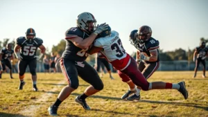 High school football offensive lineman executing powerful blocking technique on defensive player, explosive movement captured mid-collision, grass field, afternoon lighting, intense athletic effort visible