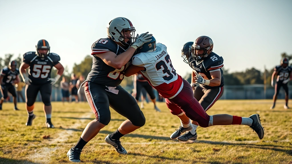High school football offensive lineman executing powerful blocking technique on defensive player, explosive movement captured mid-collision, grass field, afternoon lighting, intense athletic effort visible
