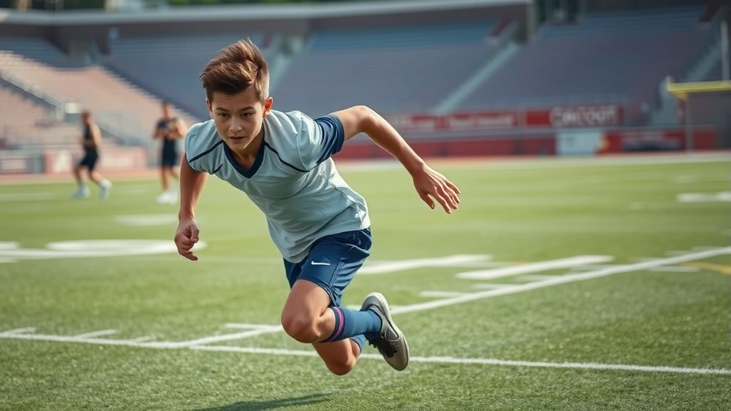 Young football athlete performing intense sprint drill on football field, maximum effort acceleration, muscles tensed, determined facial expression, natural outdoor stadium setting, professional athletic photography