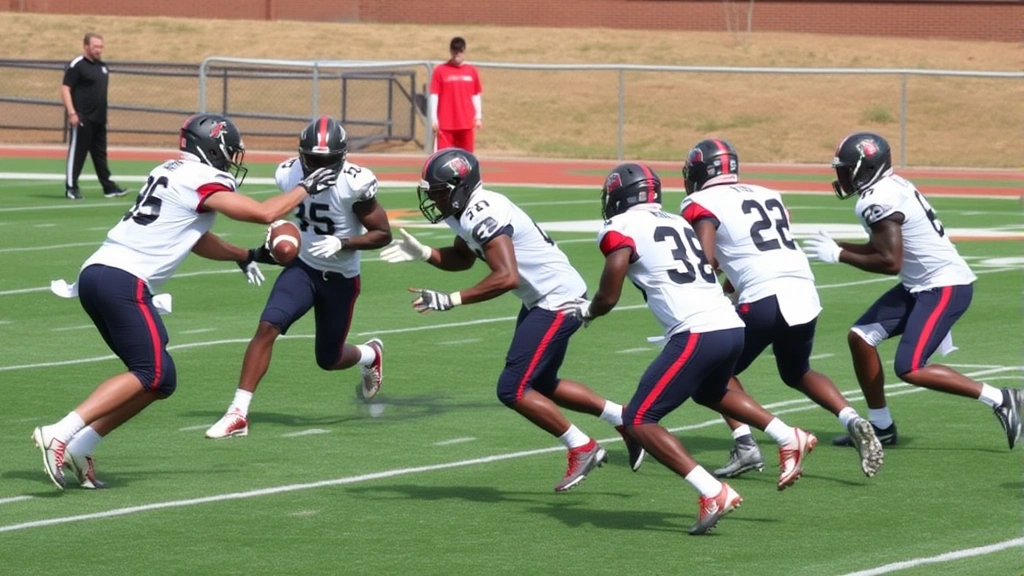 Football team defensive backs executing coverage drill with simultaneous lateral movement and backpedaling, multiple athletes in motion, organized field work, championship-level training intensity, clear field visibility