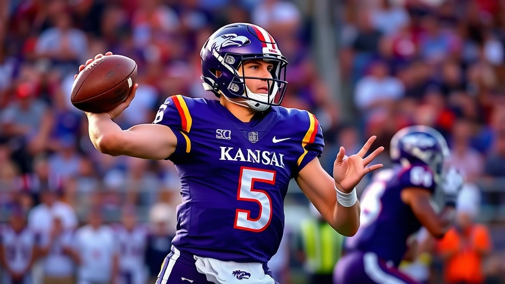 Professional quarterback in Kansas State purple uniform throwing football during game with intense focus and proper mechanics, outdoor stadium lighting, dynamic action shot with blurred crowd background
