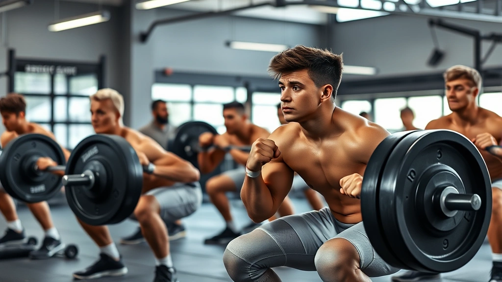 High school football players in intense strength training session, performing barbell squats with perfect form, sweat visible, focused expressions, modern gym facility with natural lighting, motivational atmosphere