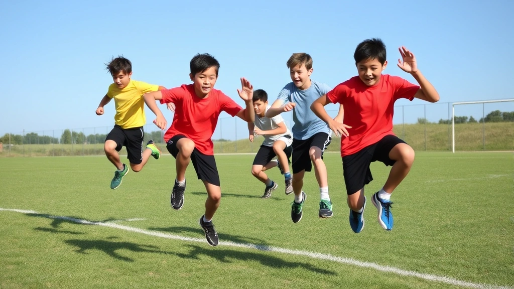 Young athletes performing dynamic plyometric exercises on outdoor field, jumping and explosive movements, clear blue sky, natural grass field, concentrated determination on faces, athletic development in progress