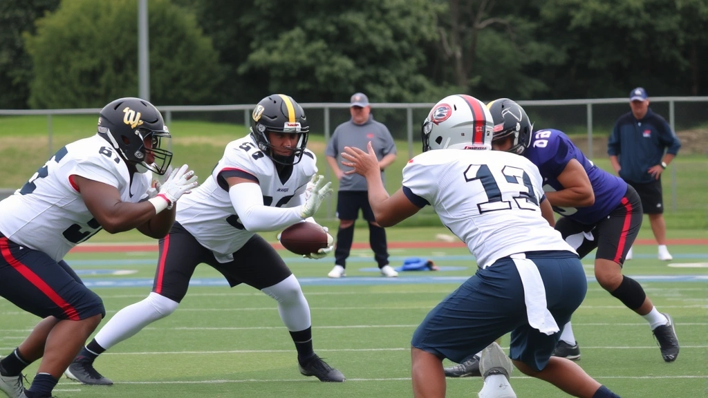 Offensive linemen engaged in one-on-one pass protection drills against defenders, hand placement emphasis, trenches battle intensity, coaches observing in background, realistic practice environment