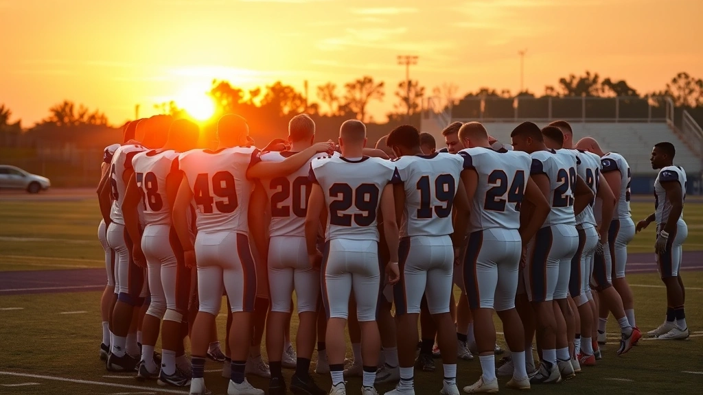Football team gathered in unified huddle formation on field at sunset, showing brotherhood and team culture, players with arms around shoulders, determined expressions, golden hour lighting, championship mentality visible