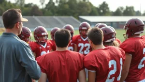 High school football team huddle during practice with players in red jerseys listening intently to coach giving instructions, intense focus and engagement visible on players' faces