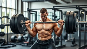 Athlete performing explosive deadlift with perfect form in modern weight room with metal barbells and strength training equipment, intense focus, muscular physique, professional gym setting