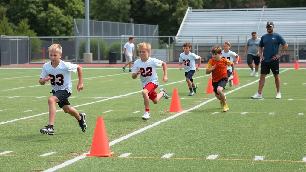Young football athletes executing lateral agility ladder drills on field with cones marking sprint distances, outdoor practice facility, coaches observing technique, athletic movement precision