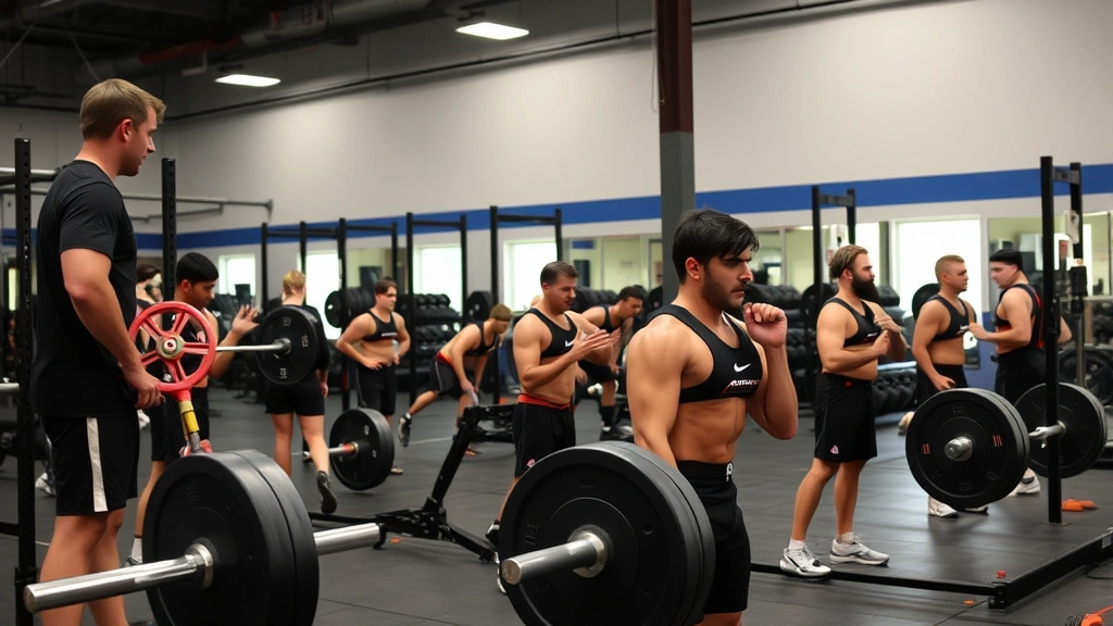 Strength and conditioning facility with high school football players performing compound lifts under coach supervision, showcasing barbells, dumbbells, and athletic development in progress