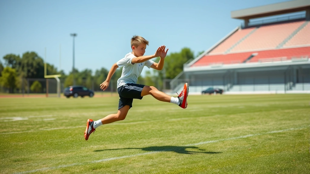 Young athlete performing explosive lateral agility drill on grass field, dynamic movement captured mid-transition, professional athletic setting, clear sunny day
