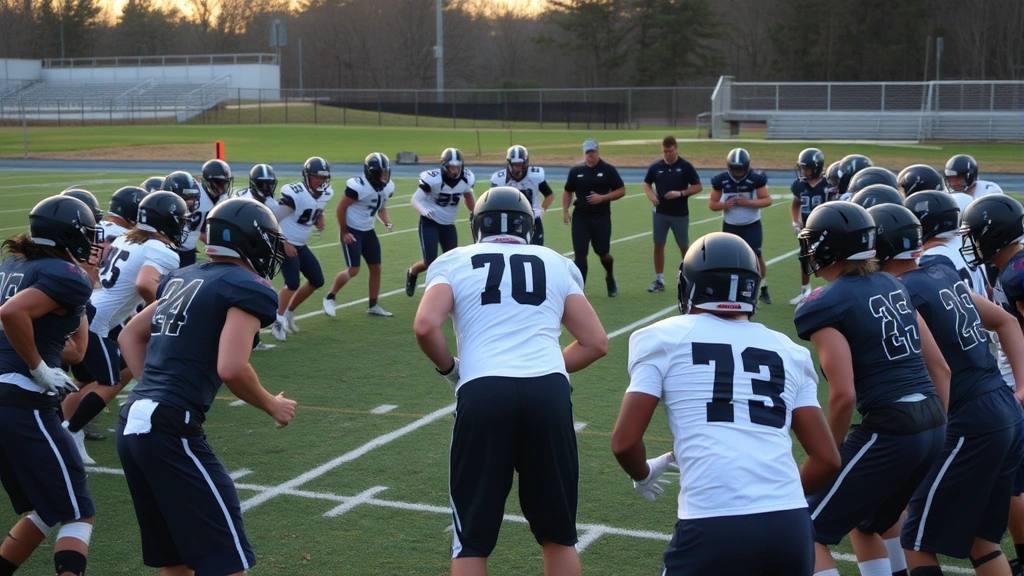High school football team huddle during conditioning session, players performing shuttle sprints in organized drill formation, outdoor field with yard markers visible, late afternoon natural lighting, athletes showing intensity and teamwork