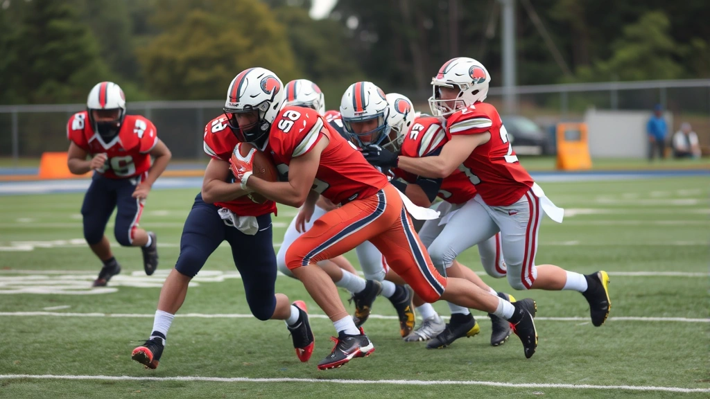 High school football game action shot showing defensive players executing proper tackling technique on running back, demonstrating fundamentals and team coordination during competitive play